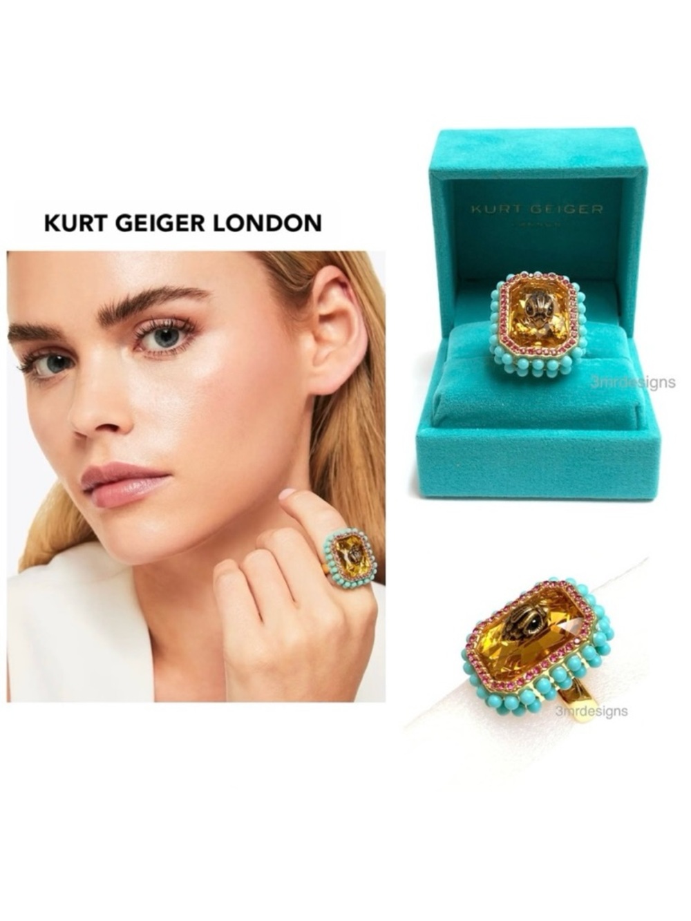 NWT KURT GEIGER LONDON Eagle Head Gold Tone CZ Crystal With Turquoise Beads Ring